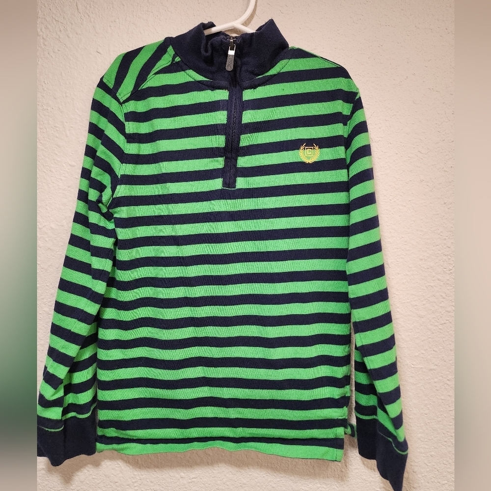 Chaps Kids Green and Navy Striped Quarter-Zip Size 8